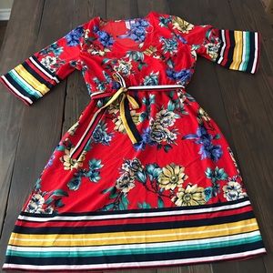 Red kimono sleeve faux wrap dress EUC M